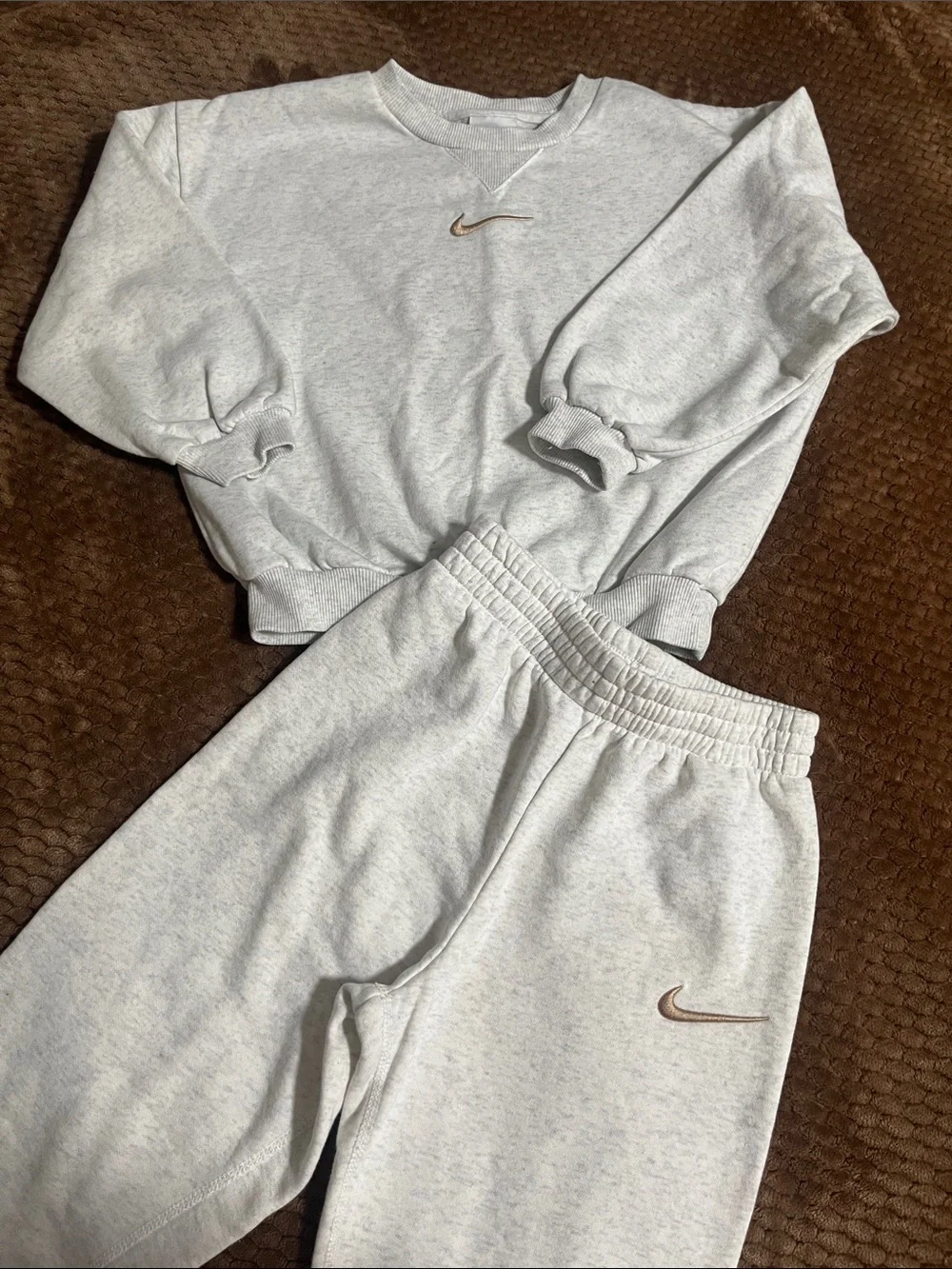 Nike Kids Light Heather Gray Sweatshirt & Joggers with Taupe Swoosh